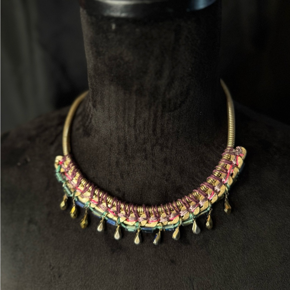 Egyptian style necklace. Pink, copper, yellow, and green.